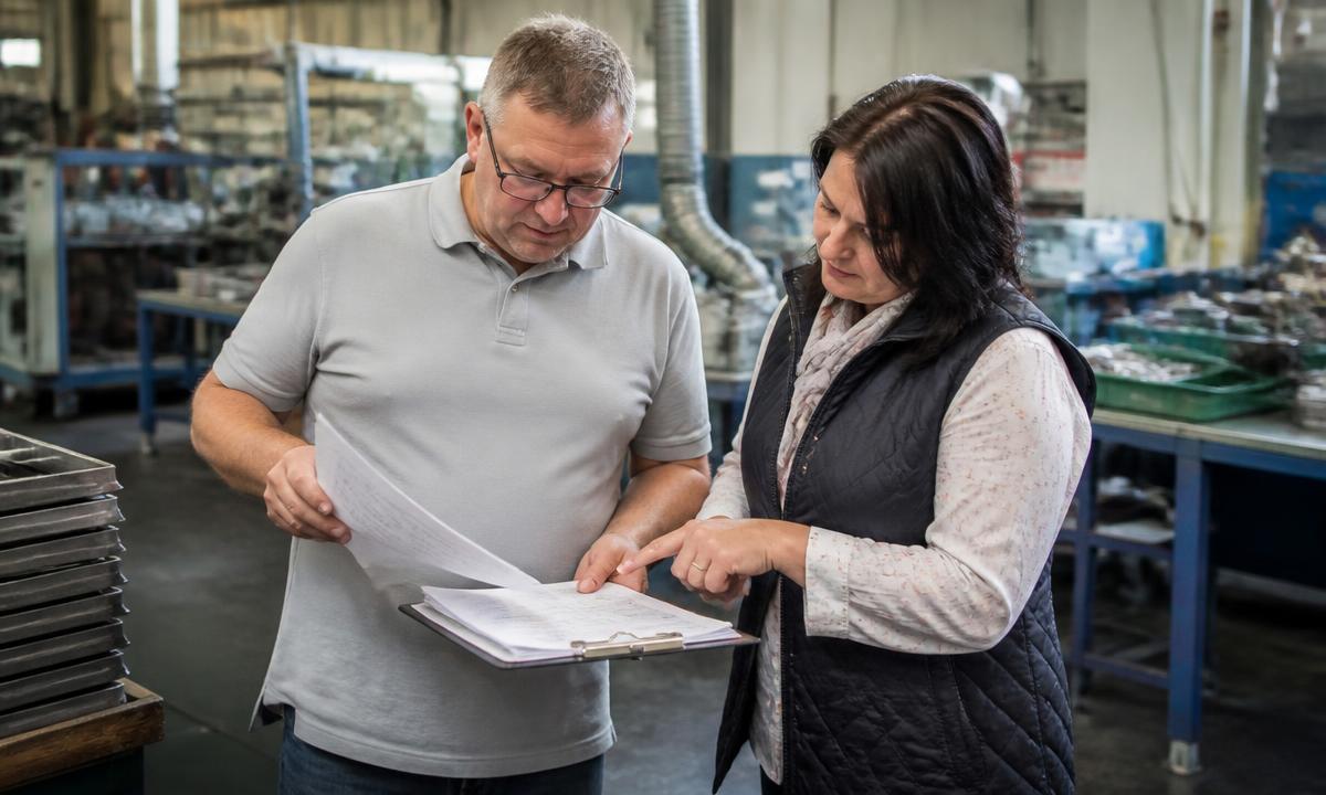 Verantwortliche prüfen Dokumentationsunterlagen in einem Produktionsbetrieb