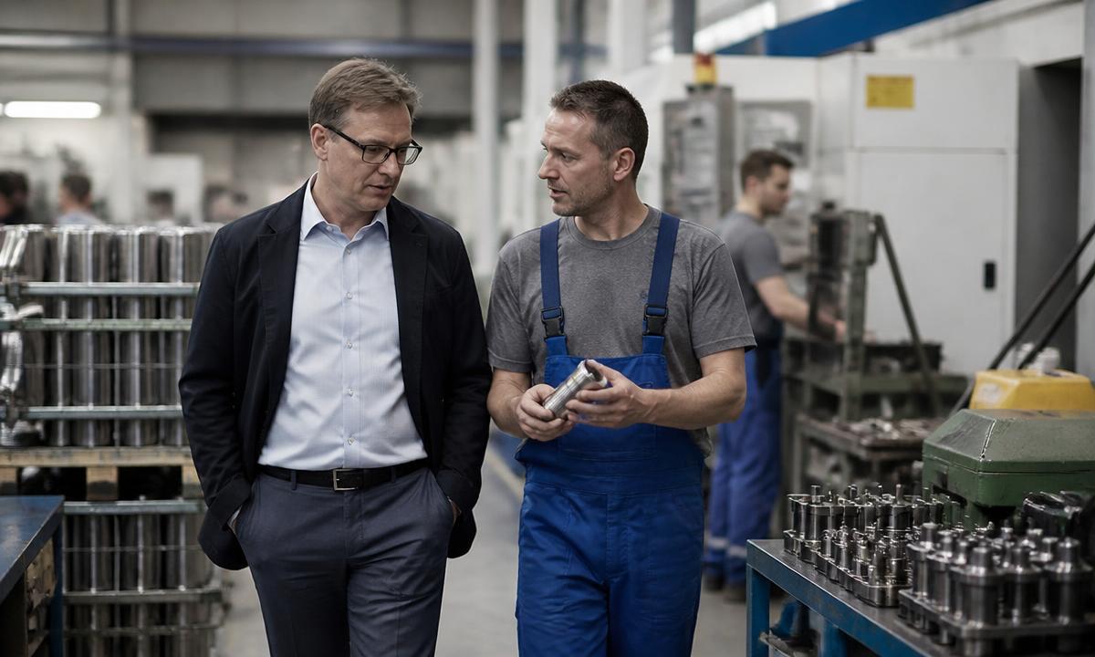 Einkäufer und Produktionsleiter besichtigen einen europäischen Metallbetrieb