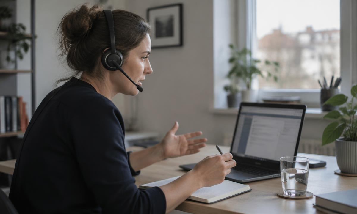 Remote Setterin führt von ihrem Arbeitsplatz aus ein digitales Kundengespräch